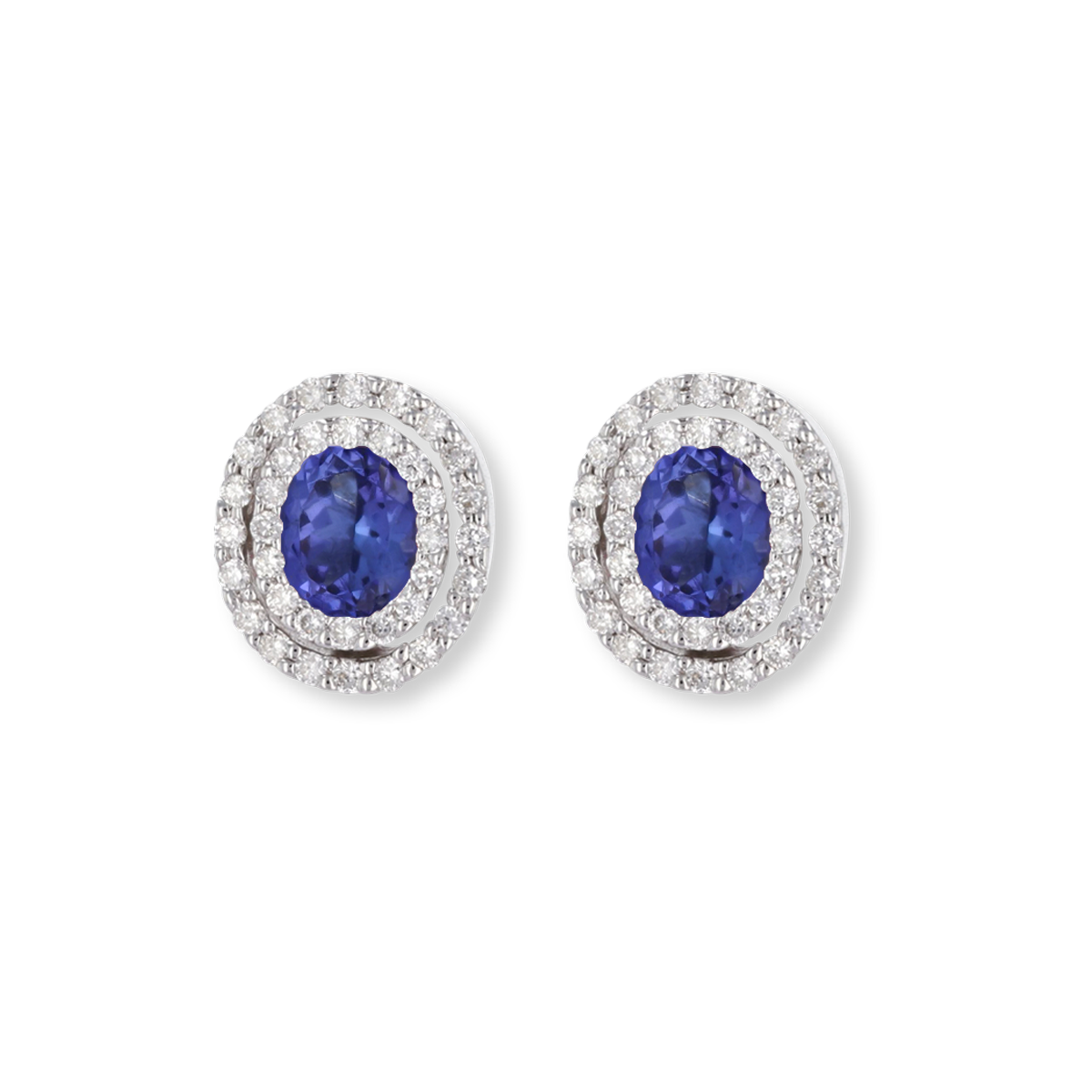 9ct White Gold Oval Tanzanite & Diamond Double Halo Stud Earrings
