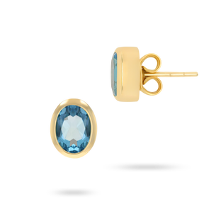 9ct Yellow Gold Oval Shaped Blue Topaz Bezel Set Stud Earrings