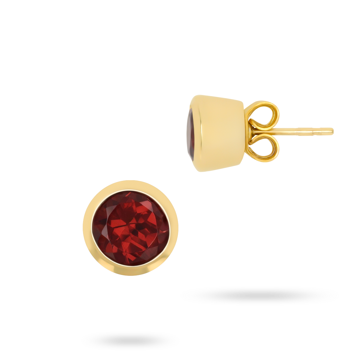 9ct Yellow Gold Round Shaped Garnet Bezel Set Stud Earrings