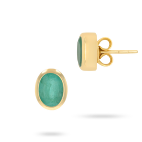 9ct Yellow Gold Oval Shaped Emerald Bezel Set Stud Earrings