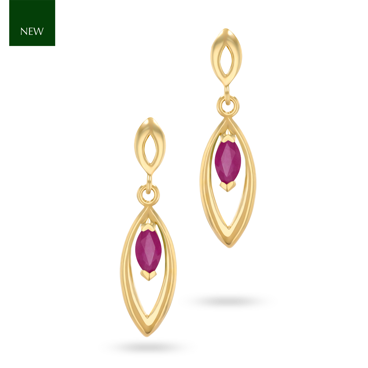 9ct Yellow Gold Marquise Shaped Ruby Navette Drop Earrings