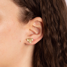 Model wears 9ct Yellow Gold Bee Stud Earrings