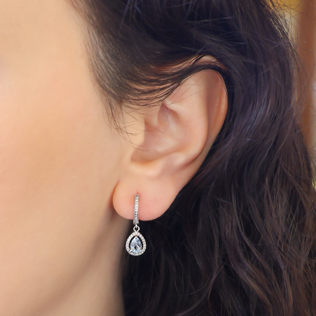 14ct White Gold Pear Shaped Aquamarine & Diamond Halo Drop Earrings