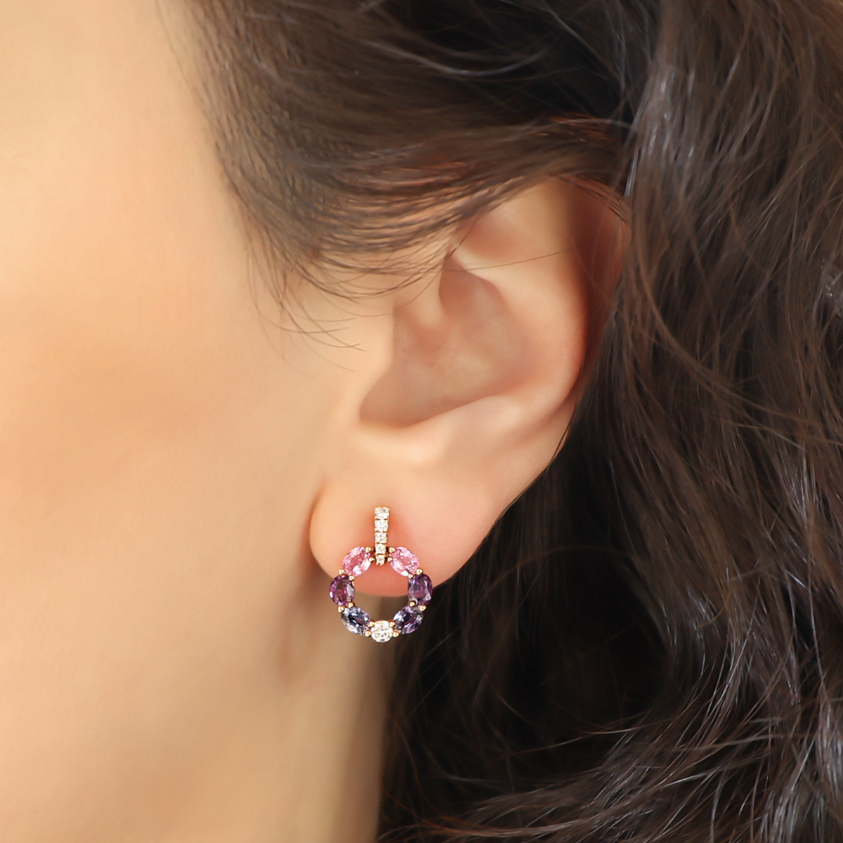 Model wears 18ct Rose Gold Fancy Sapphire & Diamond Circle Drop Earrings