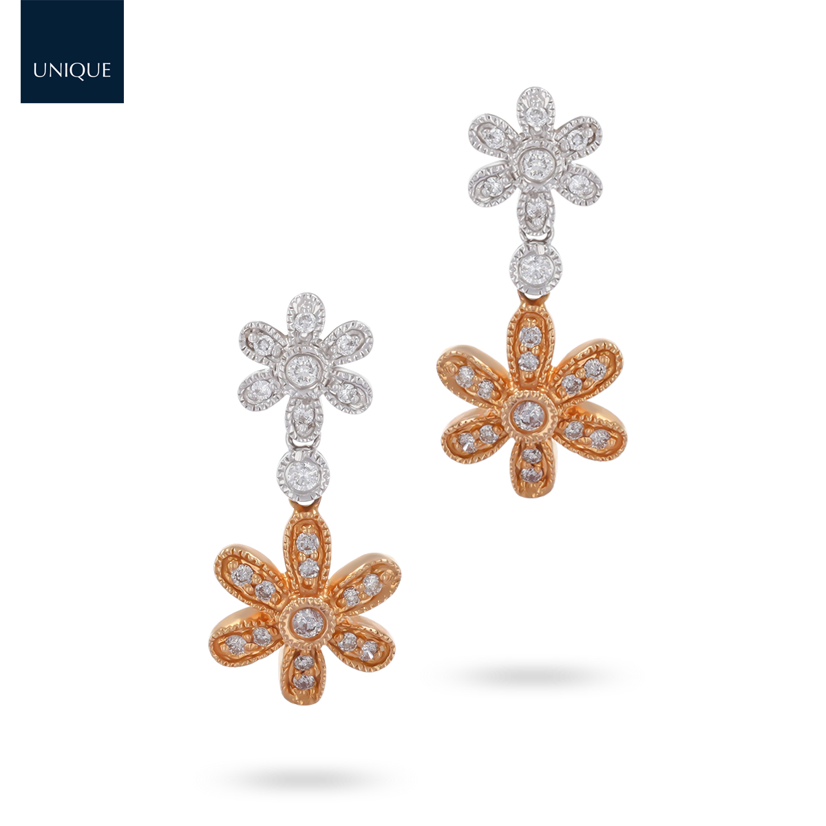 18ct Rose & White Gold Diamond Set Flower Drop Earrings