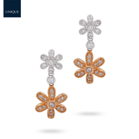 18ct Rose & White Gold Diamond Set Flower Drop Earrings