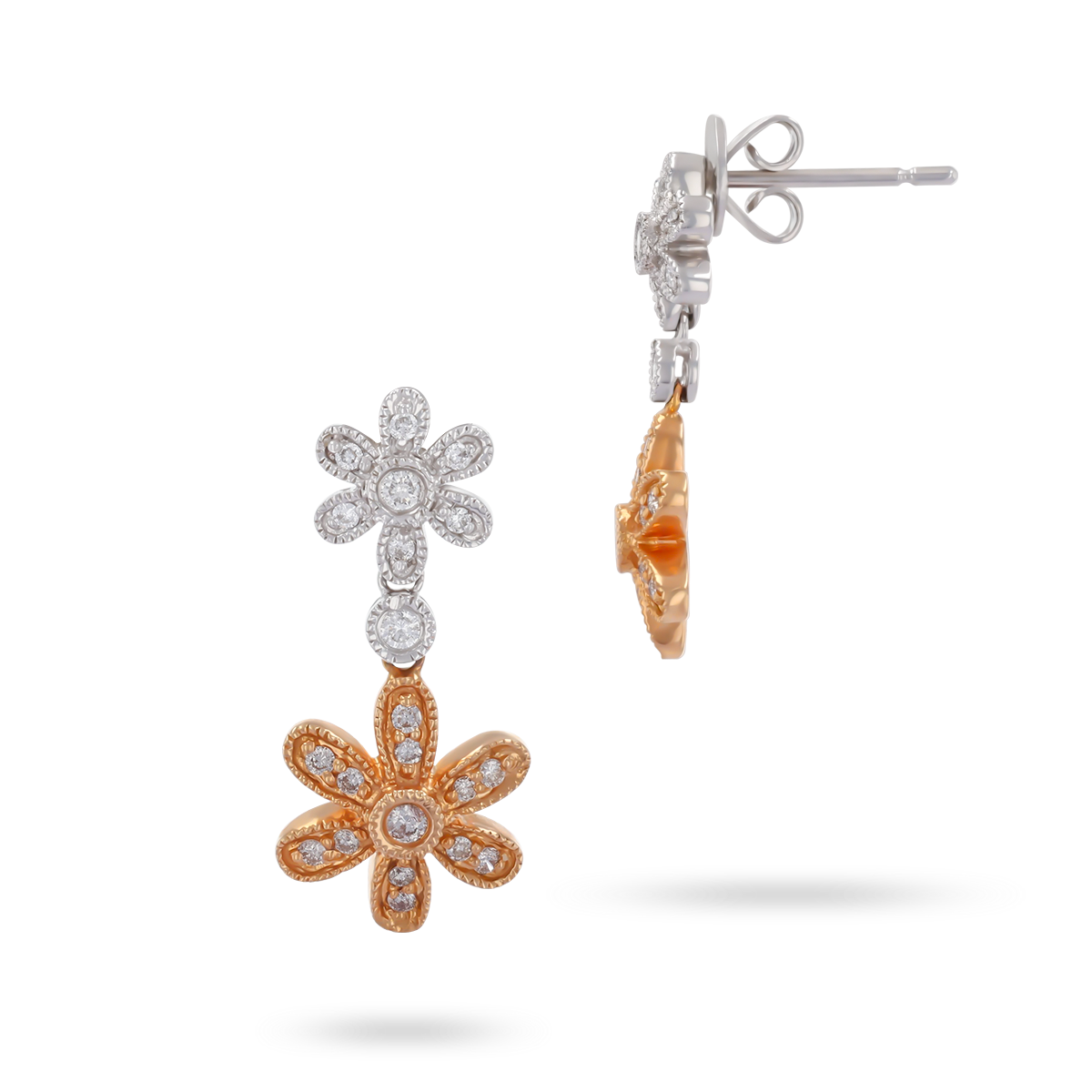 18ct Rose & White Gold Diamond Set Flower Drop Earrings