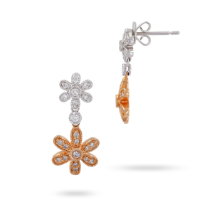 18ct Rose & White Gold Diamond Set Flower Drop Earrings