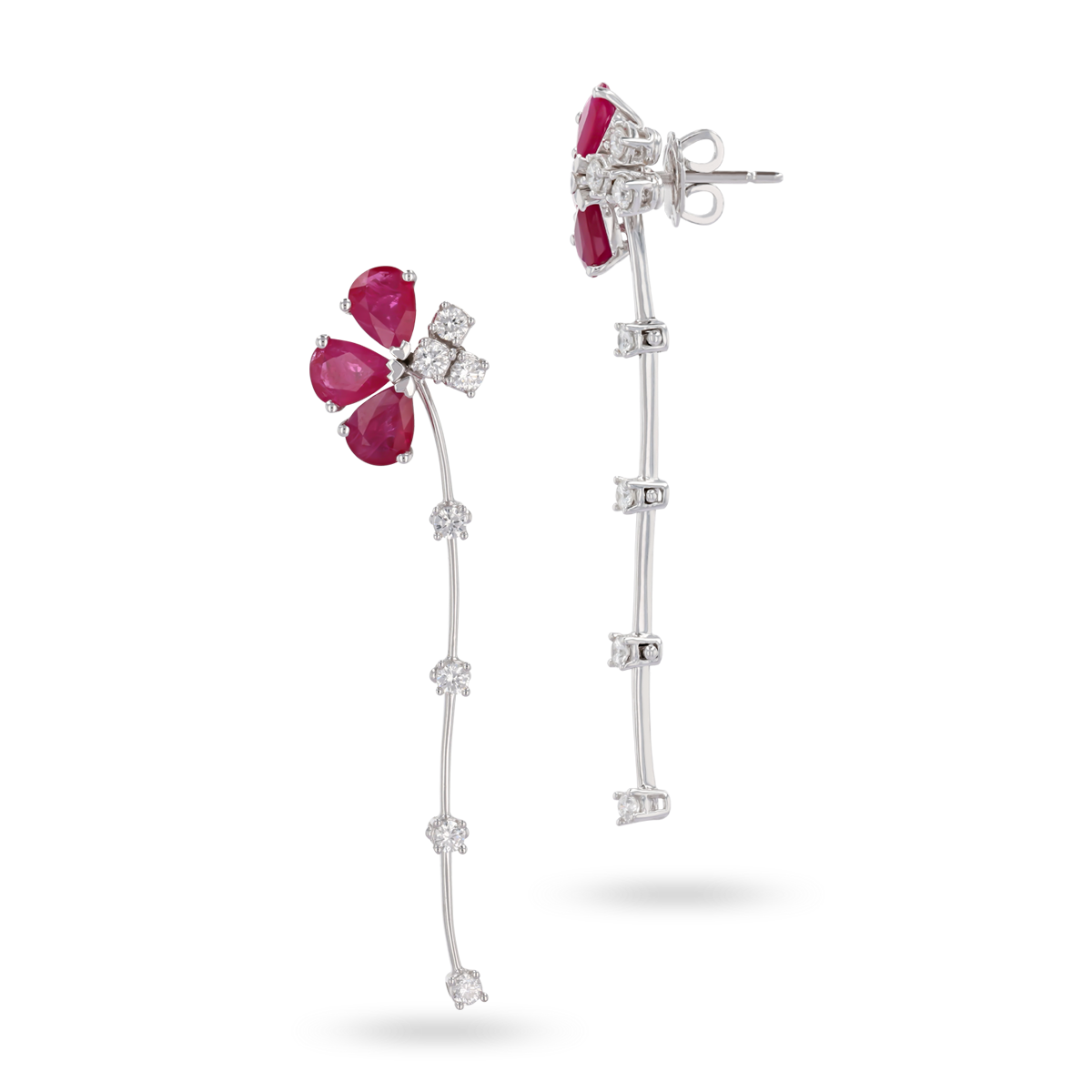 18ct White Gold Ruby & Diamond Floral Drop Earrings