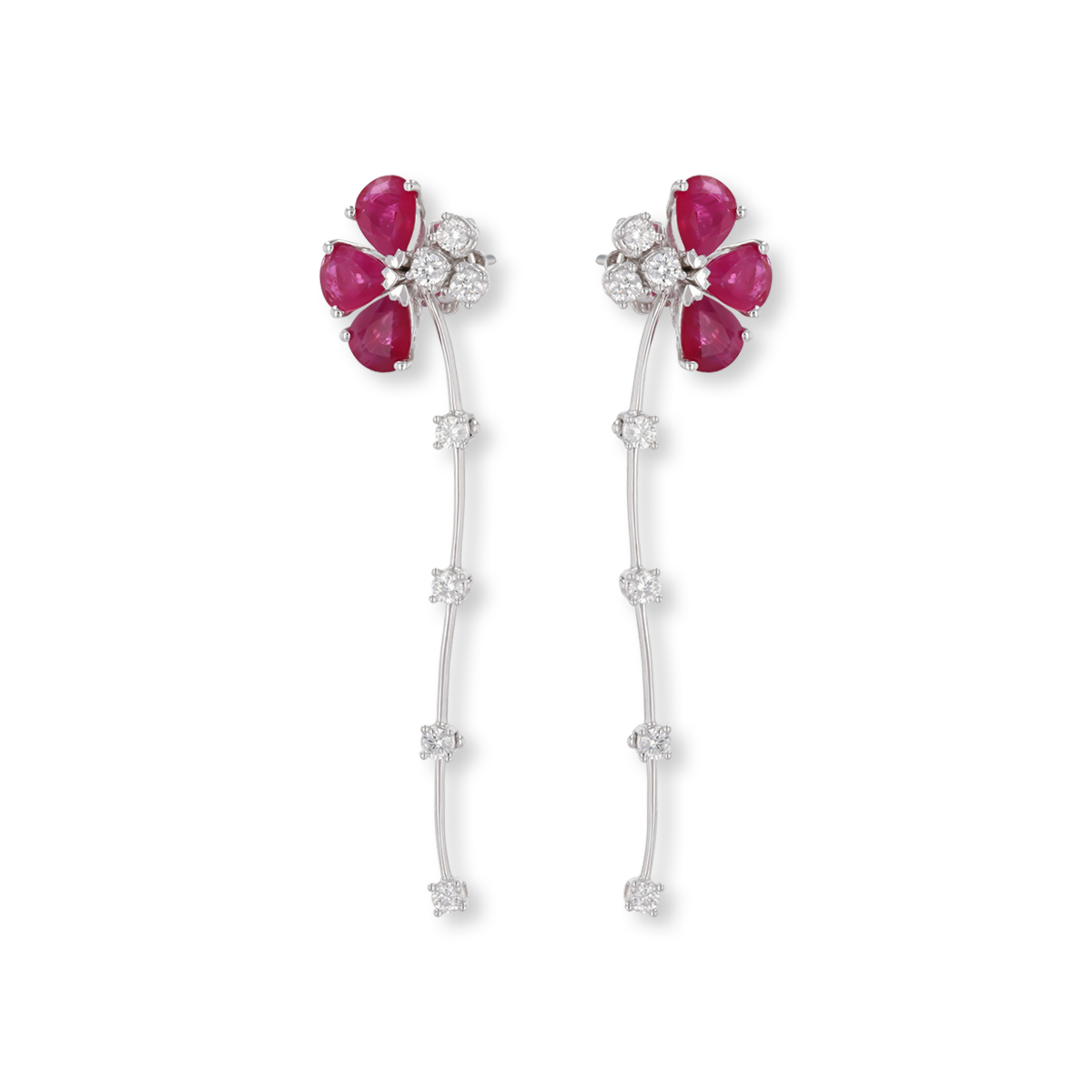 18ct White Gold Ruby & Diamond Floral Drop Earrings