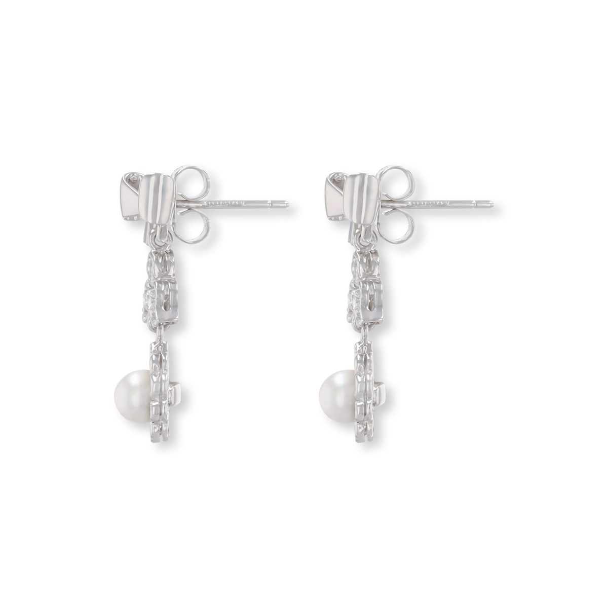 18ct White Gold Pearl & Diamond Bow Drop Earrings