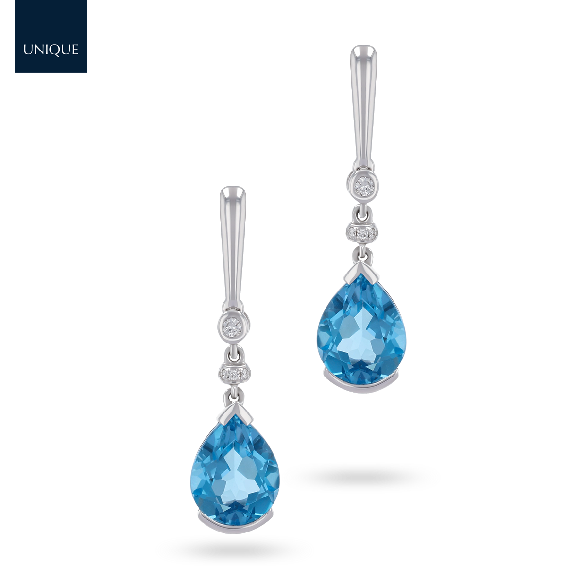 9ct White Gold Pear Shaped Blue Topaz & Diamond Drop Earrings
