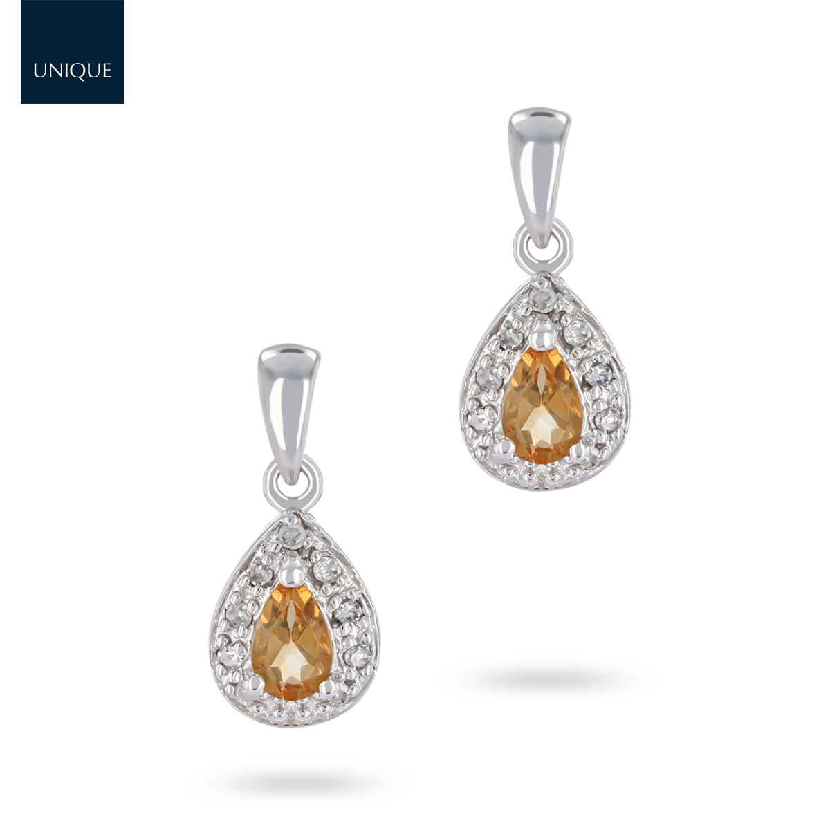 9ct White Gold Citrine & Diamond Halo Drop Earrings