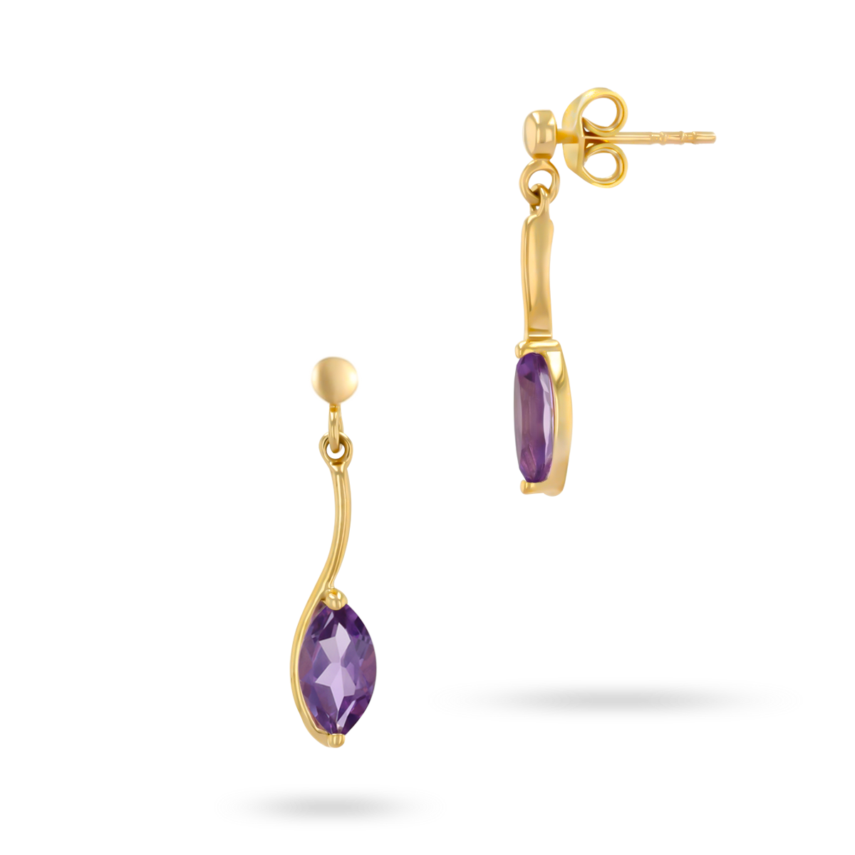 9ct Yellow Gold Marquise Shaped Amethyst Drop Earrings