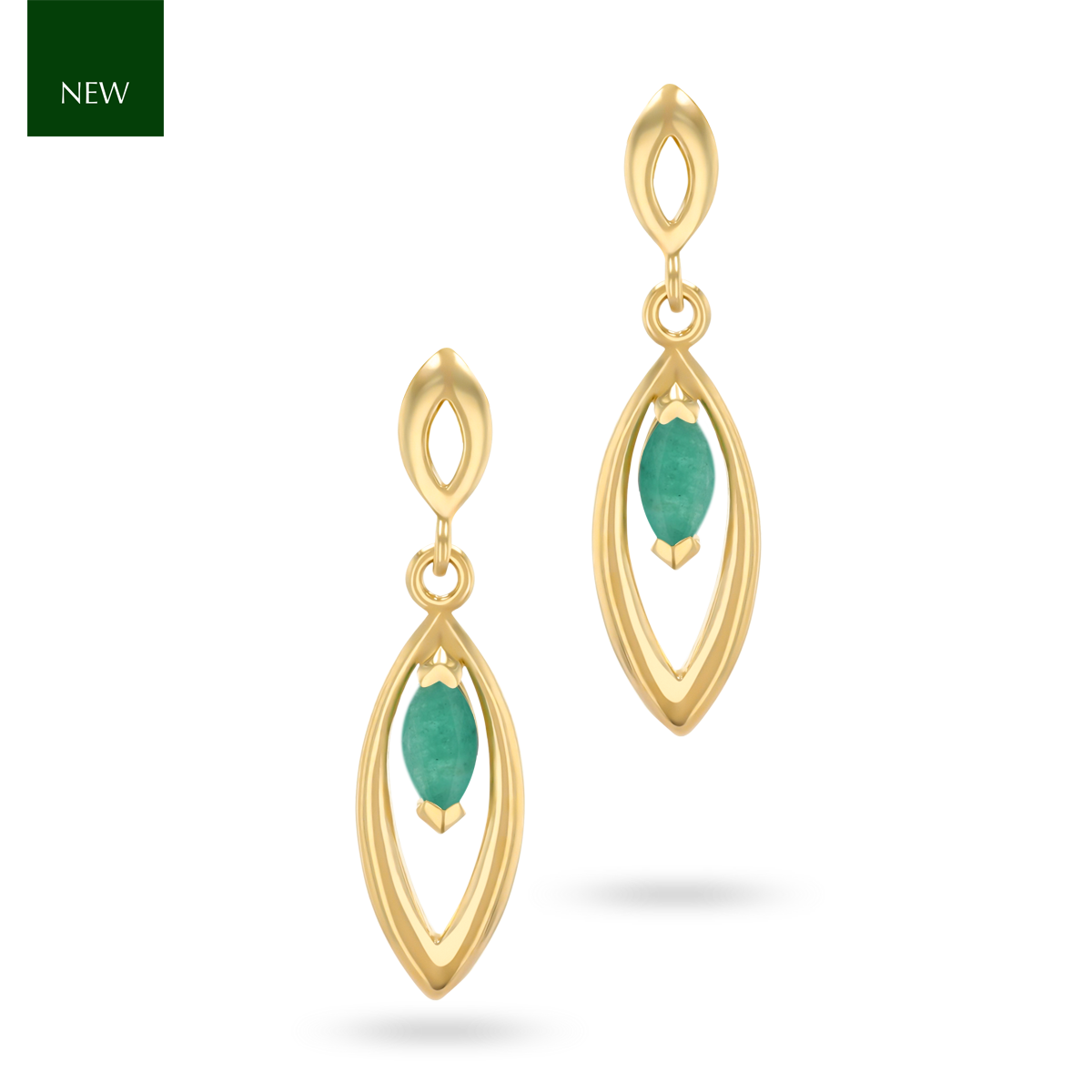 9ct Yellow Gold Marquise Shaped Emerald Navette Drop Earrings