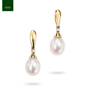 9ct Yellow Gold Freshwater Pearl & Diamond Drop Earrings