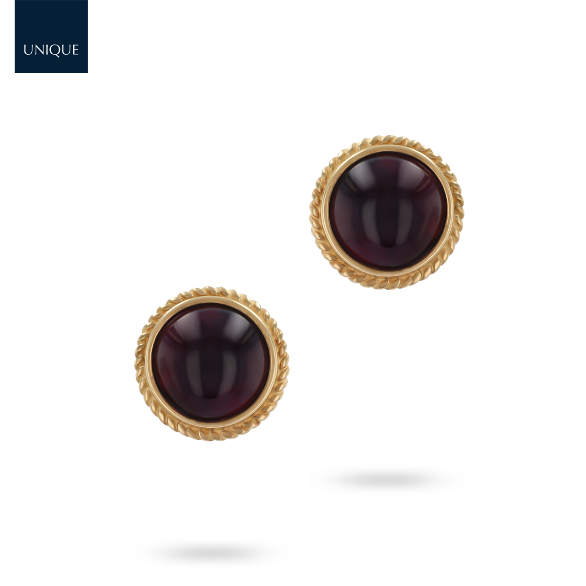 9ct Yellow Gold Round Cabochon Garnet Rope Edge Stud Earrings
