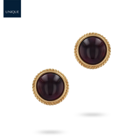 9ct Yellow Gold Round Cabochon Garnet Rope Edge Stud Earrings