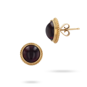 9ct Yellow Gold Round Cabochon Garnet Rope Edge Stud Earrings