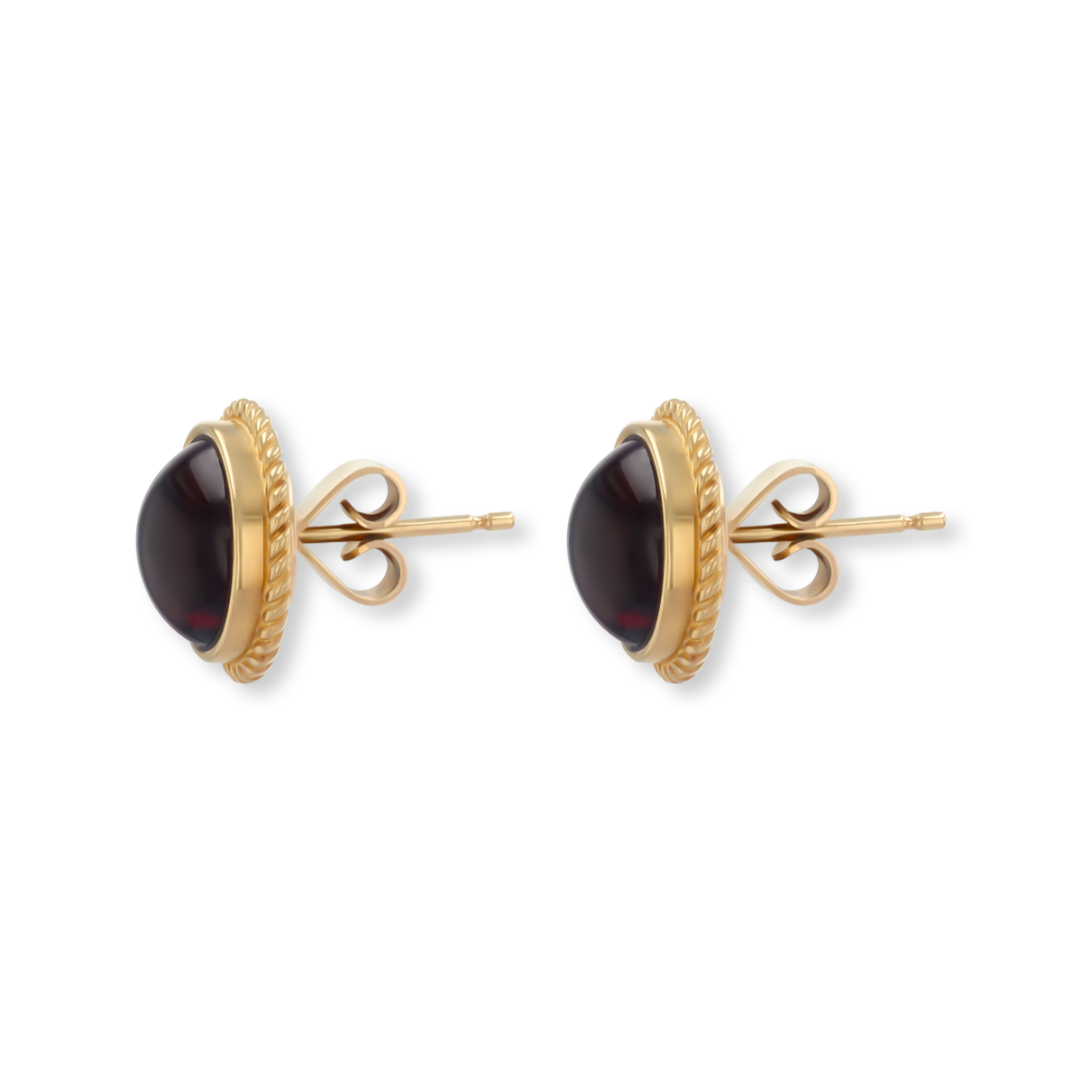 9ct Yellow Gold Round Cabochon Garnet Rope Edge Stud Earrings