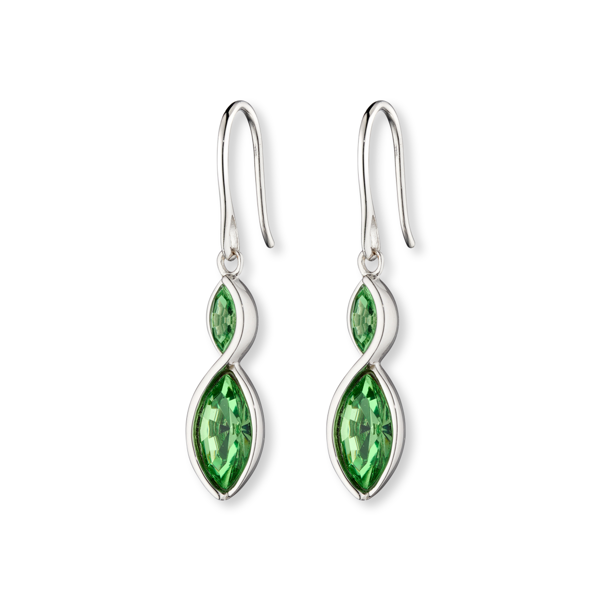 Sterling Silver Green Crystal Navette Twist Drop Earrings