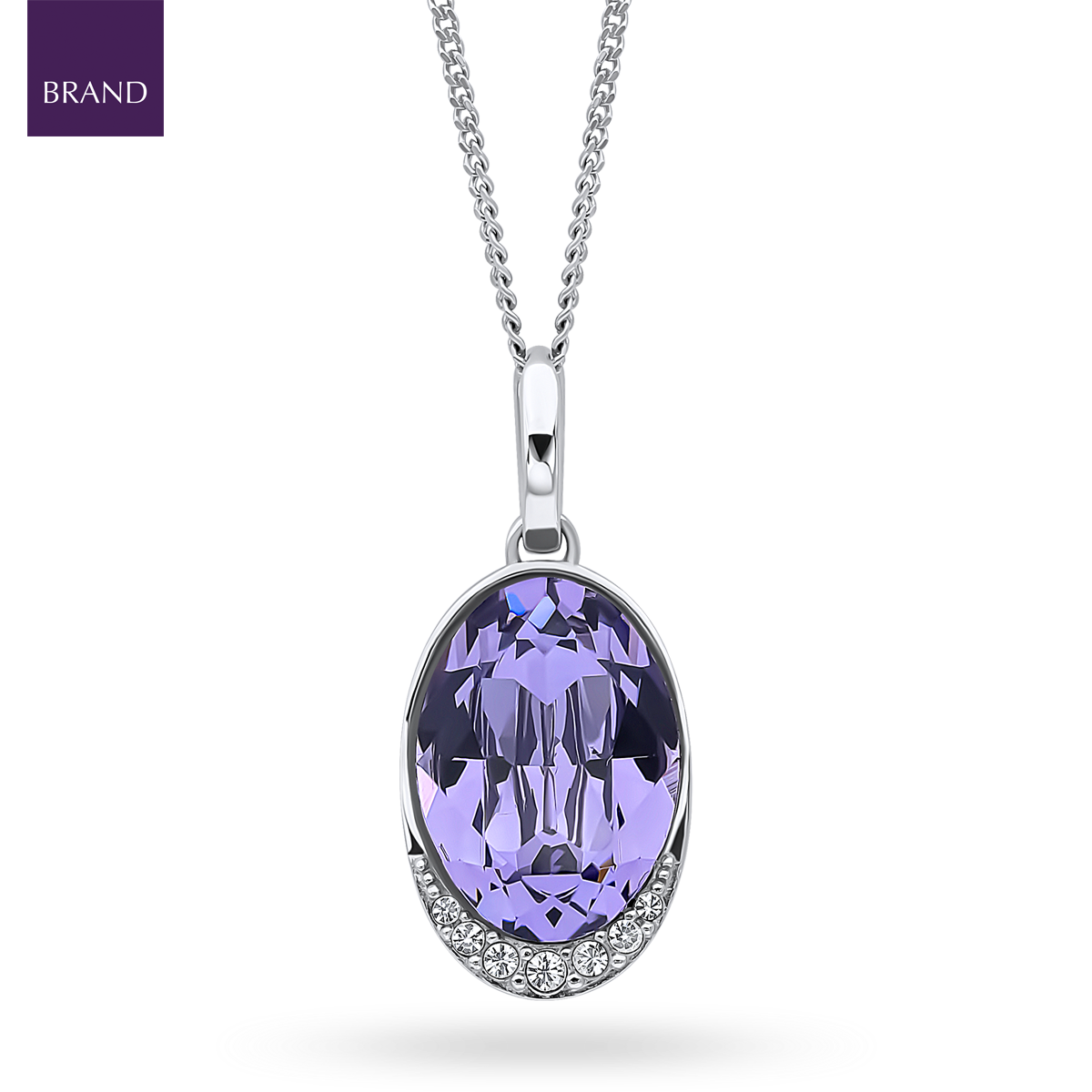 Sterling Silver Oval Purple Crystal With Cubic Zirconia Wave Pendant & Chain
