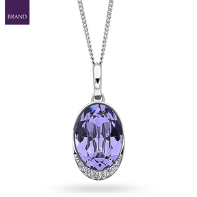 Sterling Silver Oval Purple Crystal With Cubic Zirconia Wave Pendant & Chain