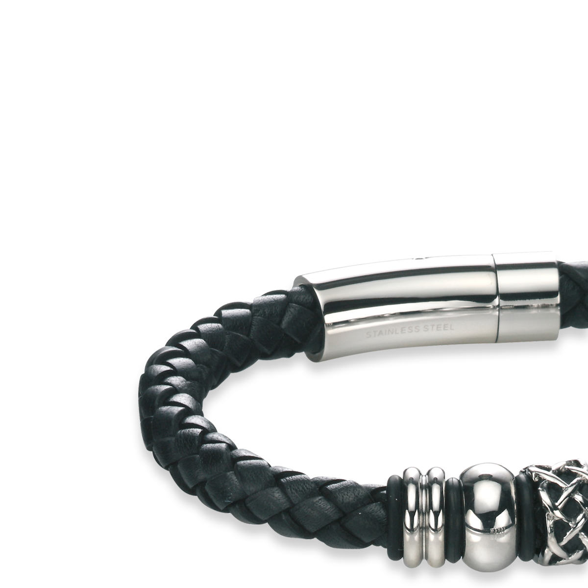 Stainless Steel Black Leather Celtic Bead Bracelet