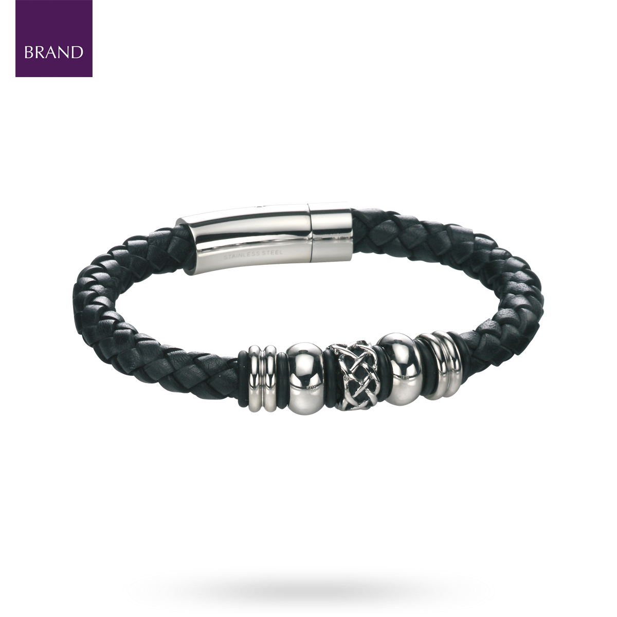 Stainless Steel Black Leather Celtic Bead Bracelet