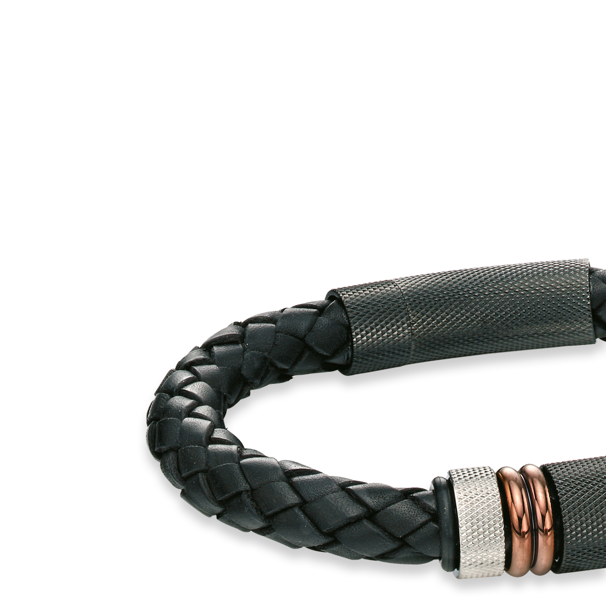 Stainless Steel, Black Brown PVD & Black Leather Woven Bracelet