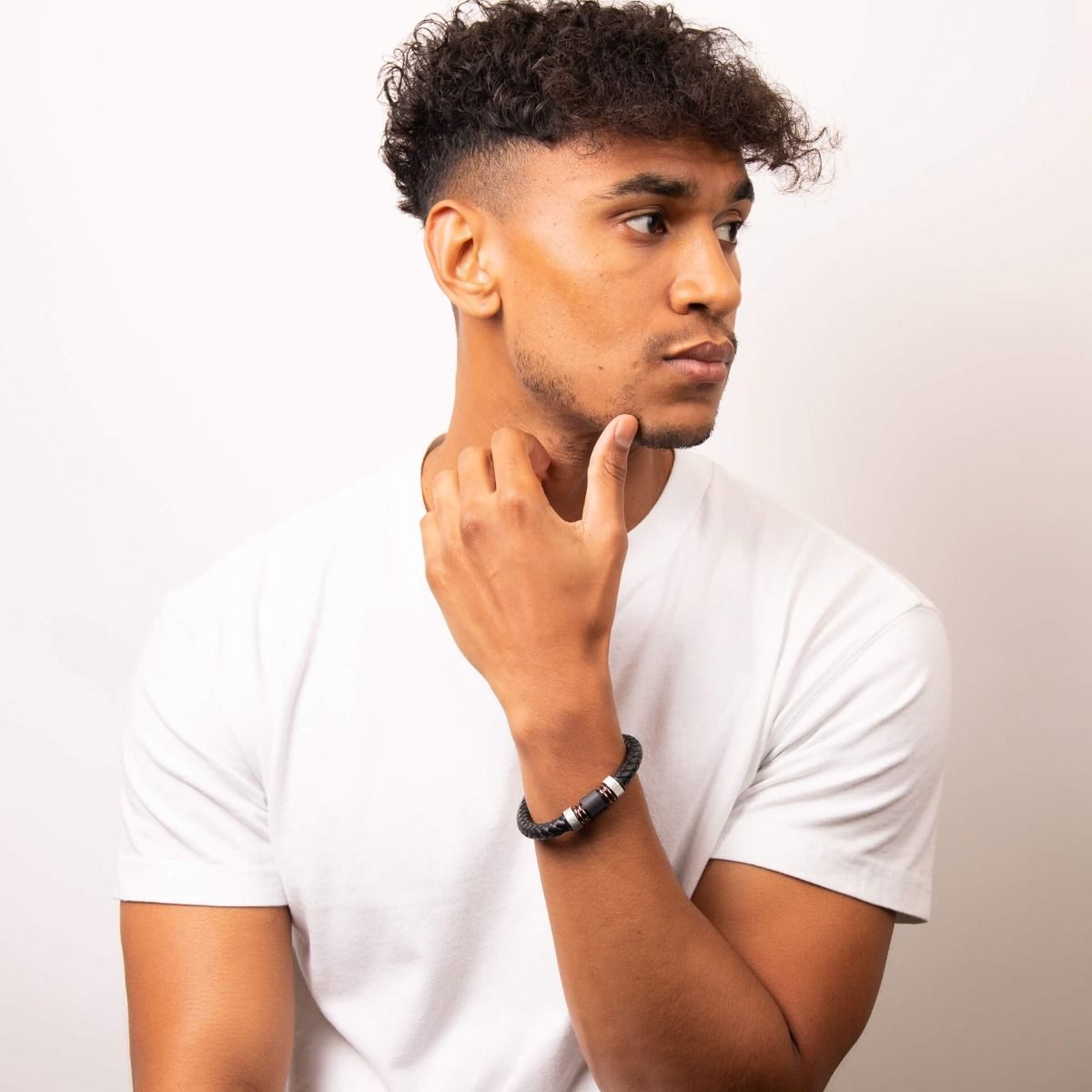 Model wears Stainless Steel, Black Brown PVD & Black Leather Woven Bracelet