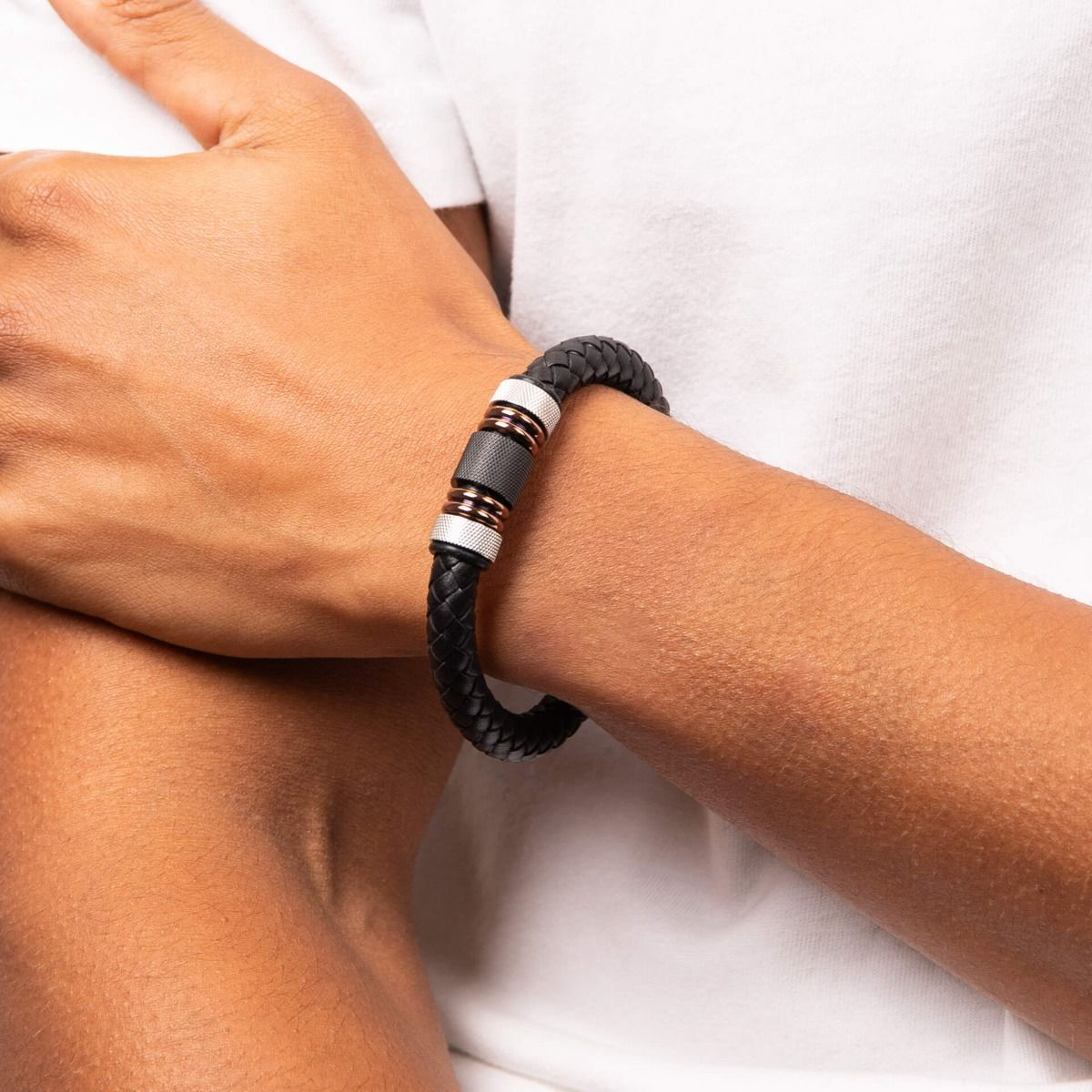 Model wears Stainless Steel, Black Brown PVD & Black Leather Woven Bracelet