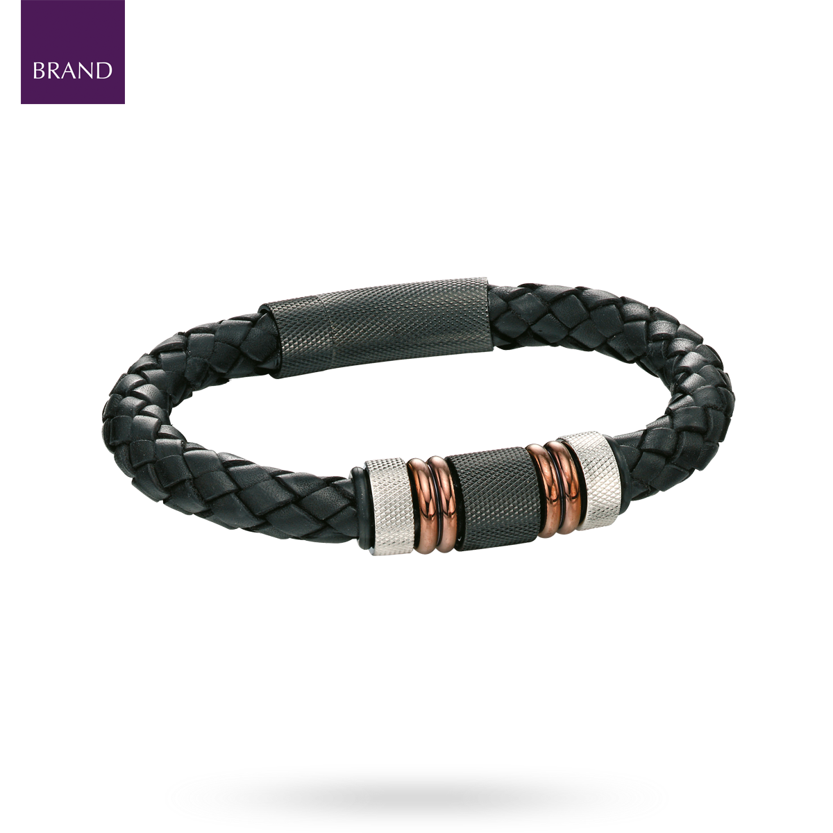 Stainless Steel, Black Brown PVD & Black Leather Woven Bracelet