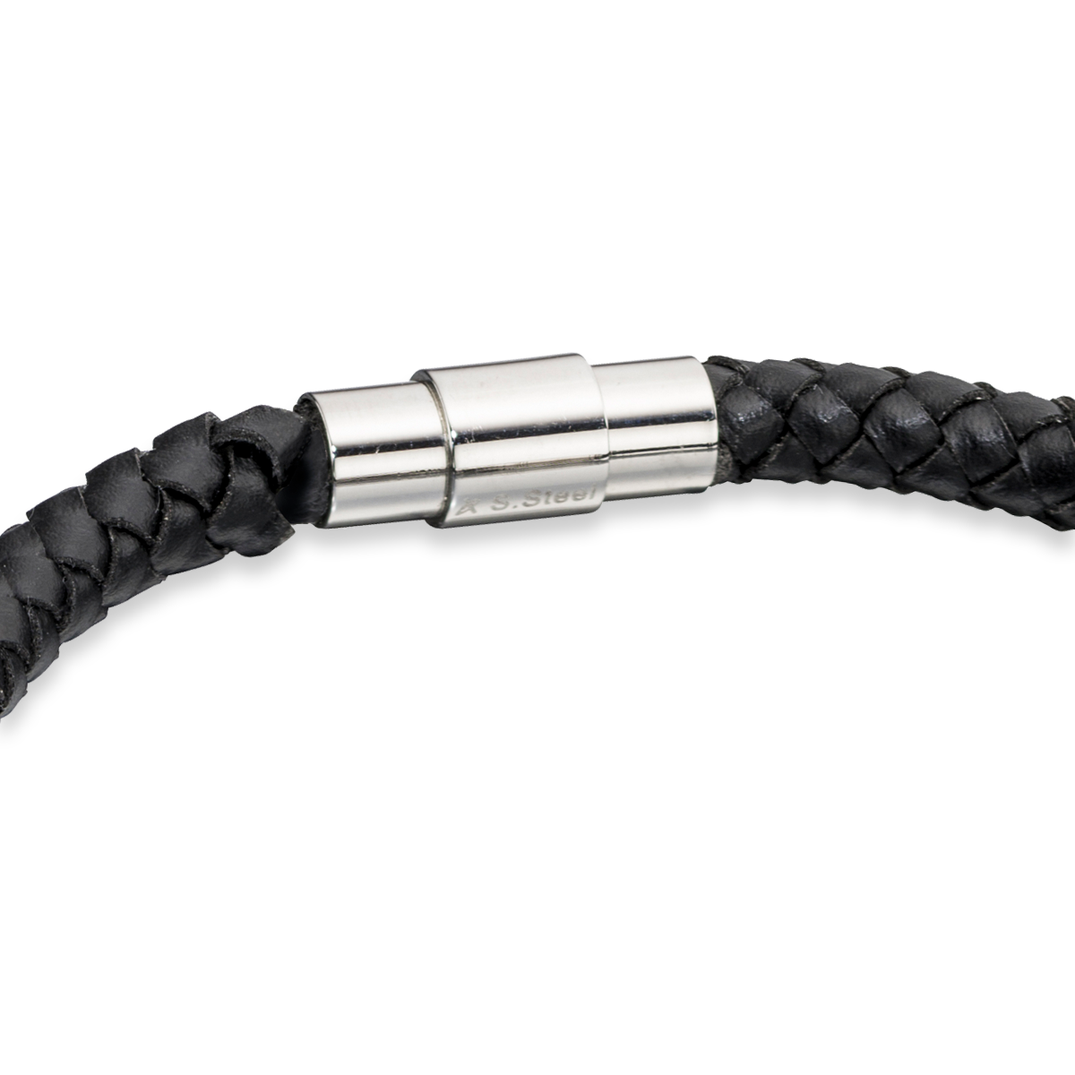 Stainless Steel Detailed Plaited Black Leather Bracelet