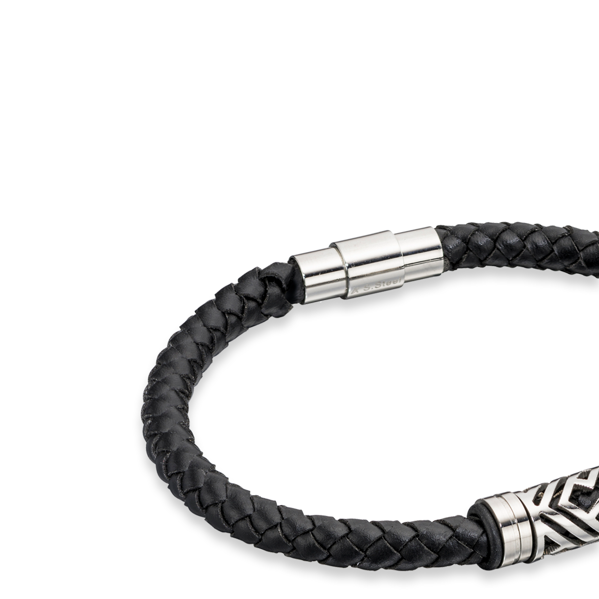Stainless Steel Detailed Plaited Black Leather Bracelet