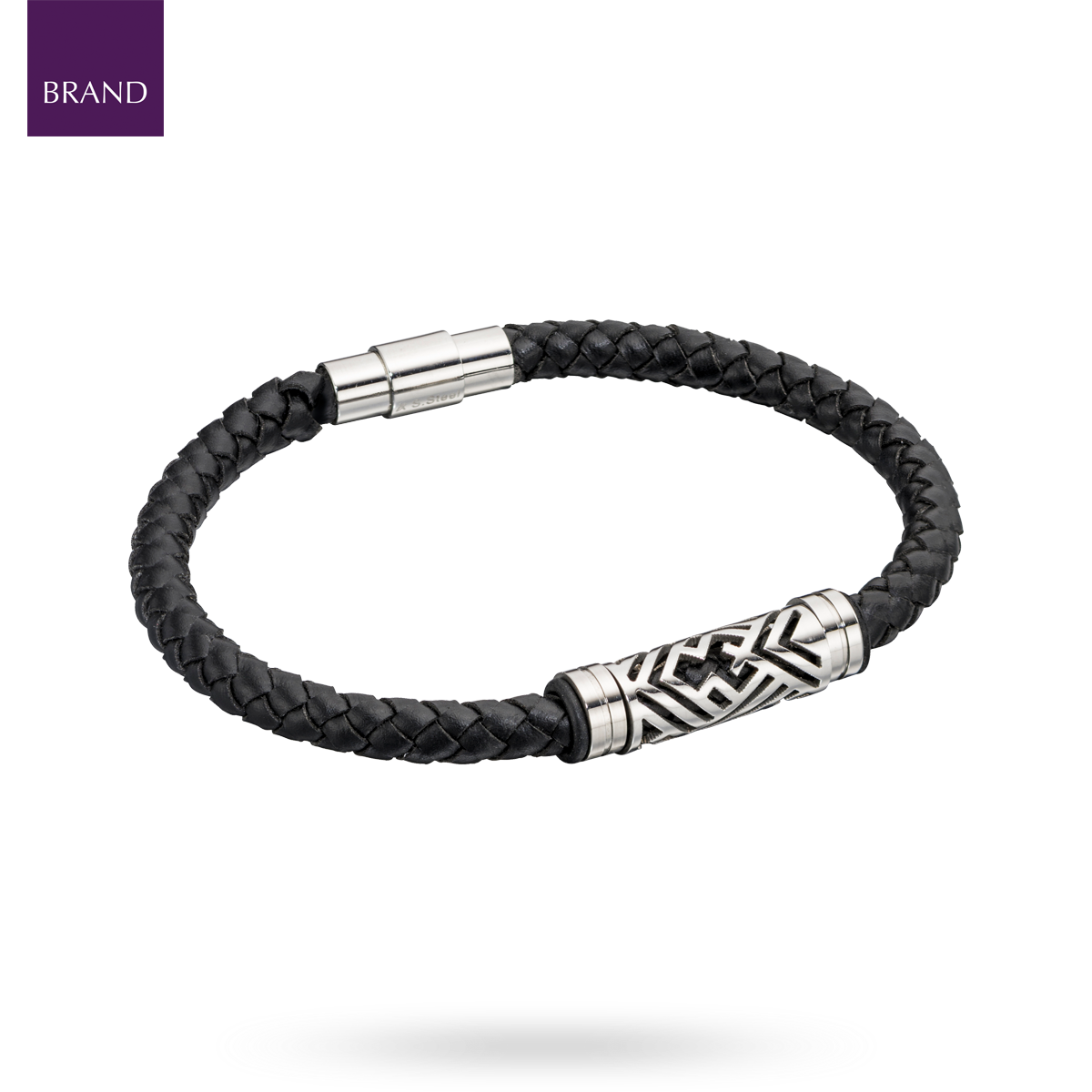 Stainless Steel Detailed Plaited Black Leather Bracelet