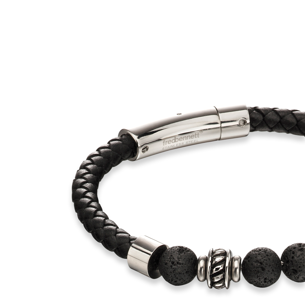 Stainless Steel & Lava Bead Black Leather Bracelet