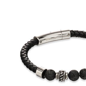 Stainless Steel & Lava Bead Black Leather Bracelet