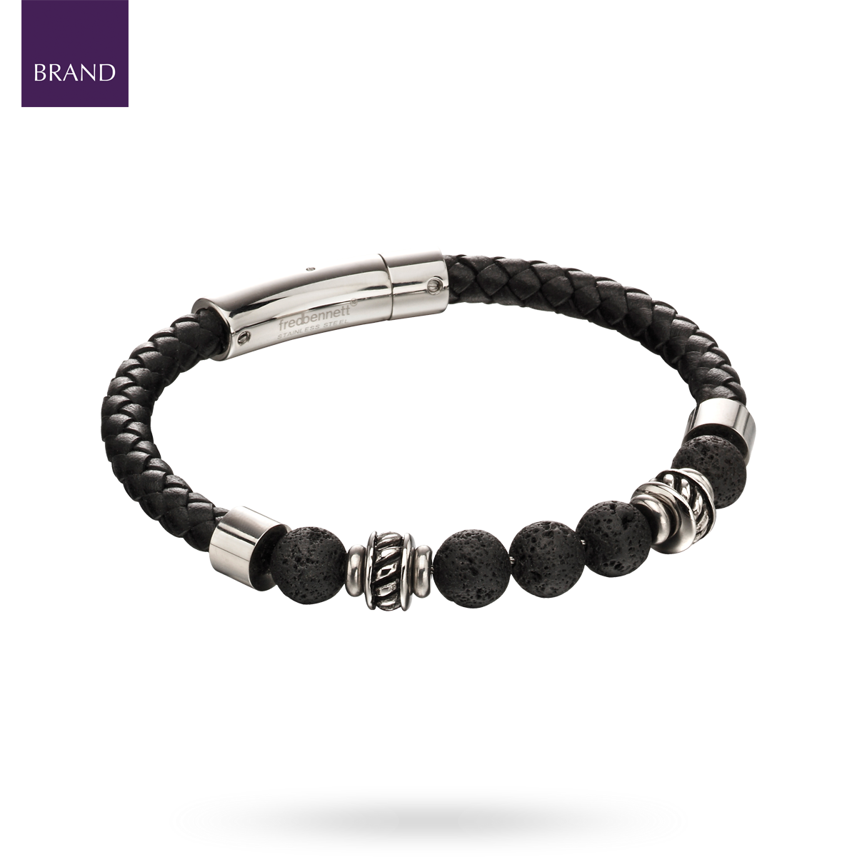 Stainless Steel & Lava Bead Black Leather Bracelet