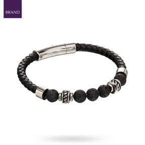 Stainless Steel & Lava Bead Black Leather Bracelet