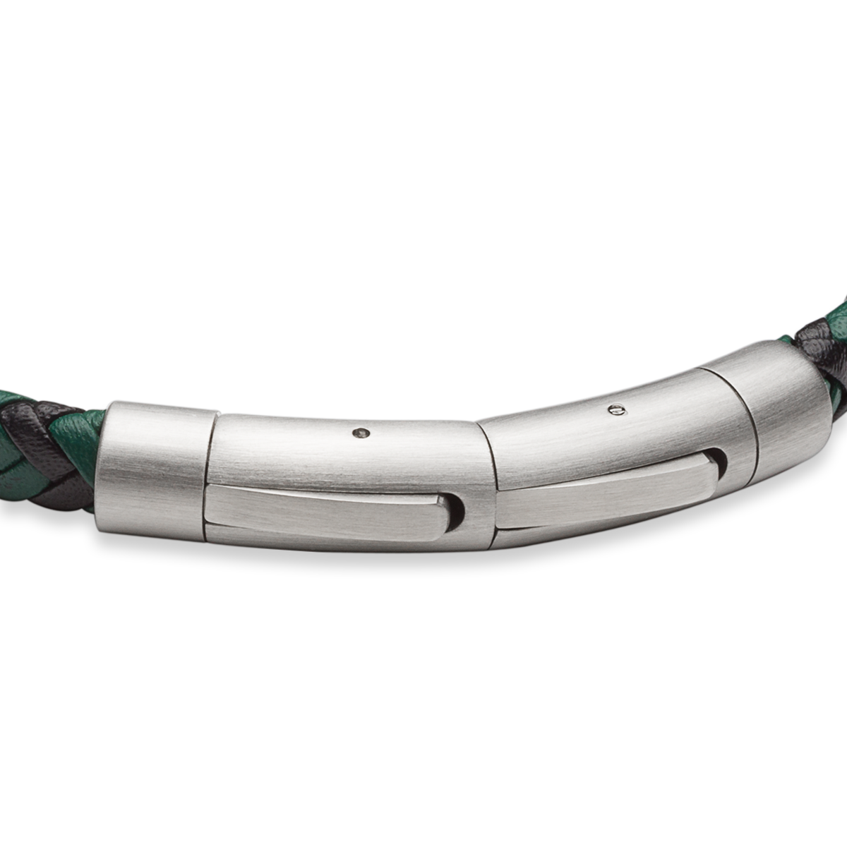 Black & Forest Green Plaited Recycled Leather Bracelet With Stainless Steel Clasp