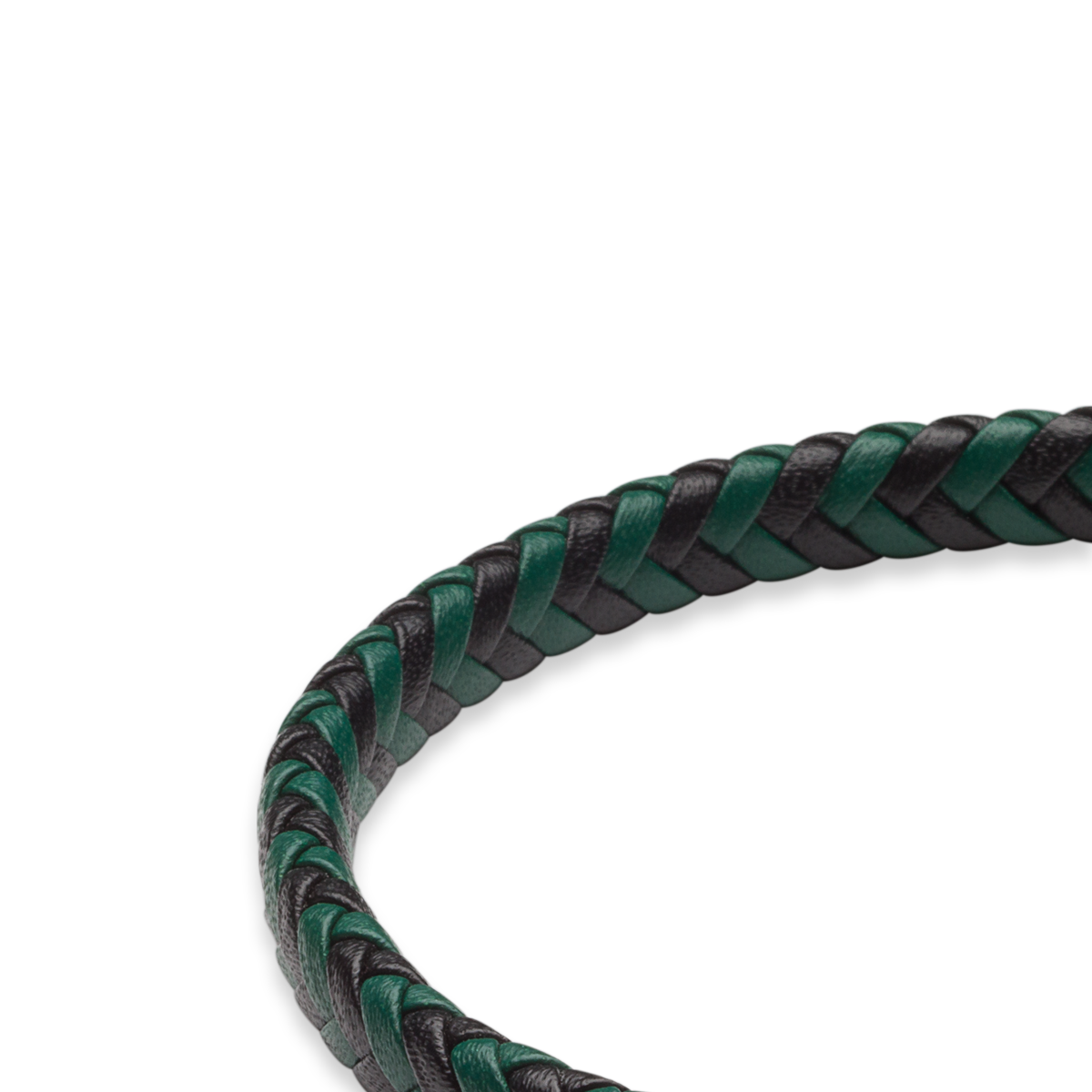 Black & Forest Green Plaited Recycled Leather Bracelet With Stainless Steel Clasp