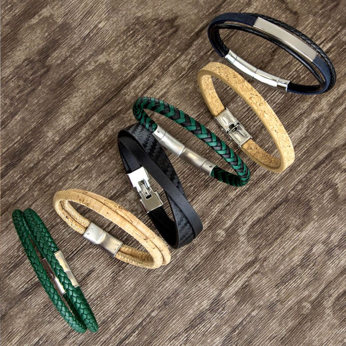 Black & Forest Green Plaited Recycled Leather Bracelet With Stainless Steel Clasp