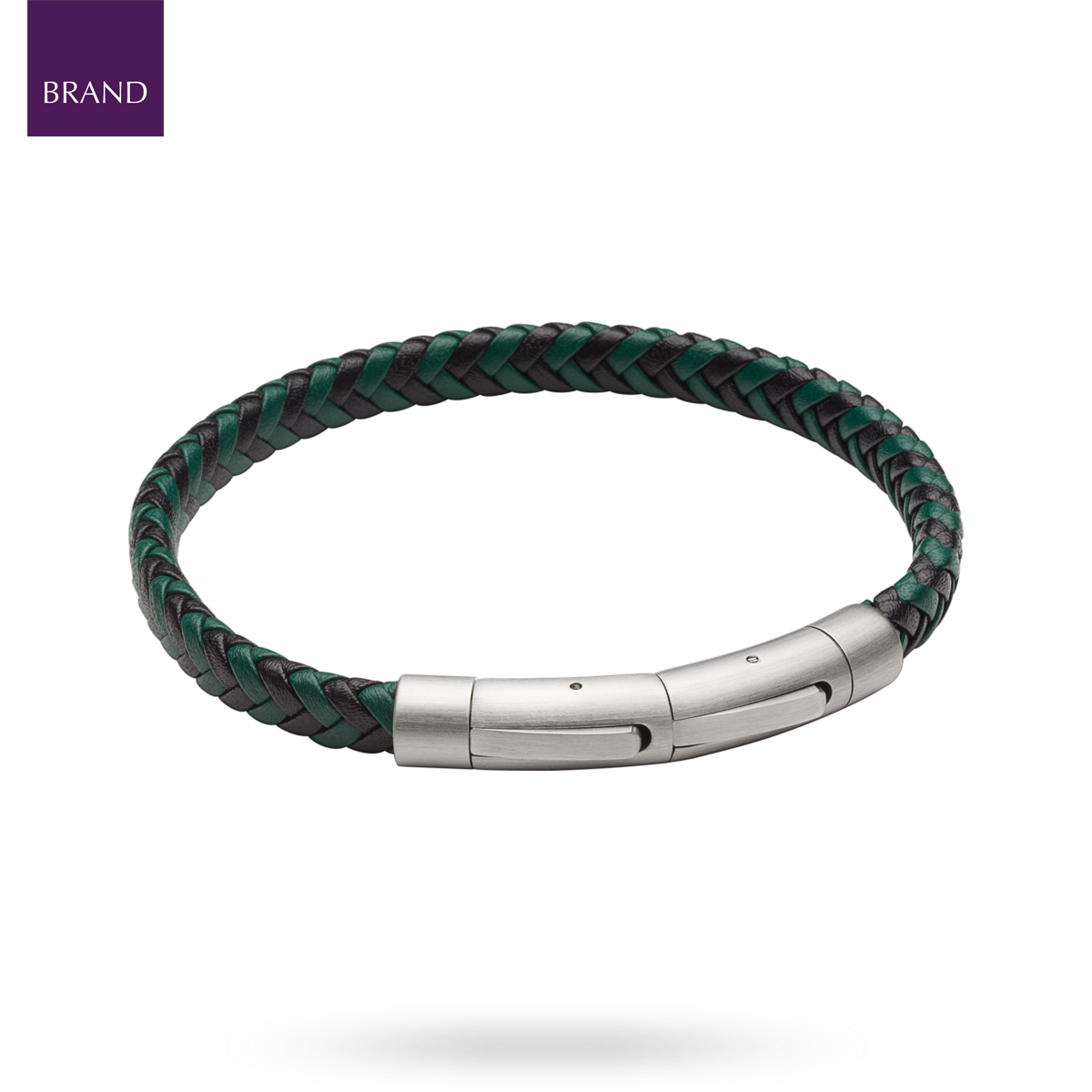 Black & Forest Green Plaited Recycled Leather Bracelet With Stainless Steel Clasp