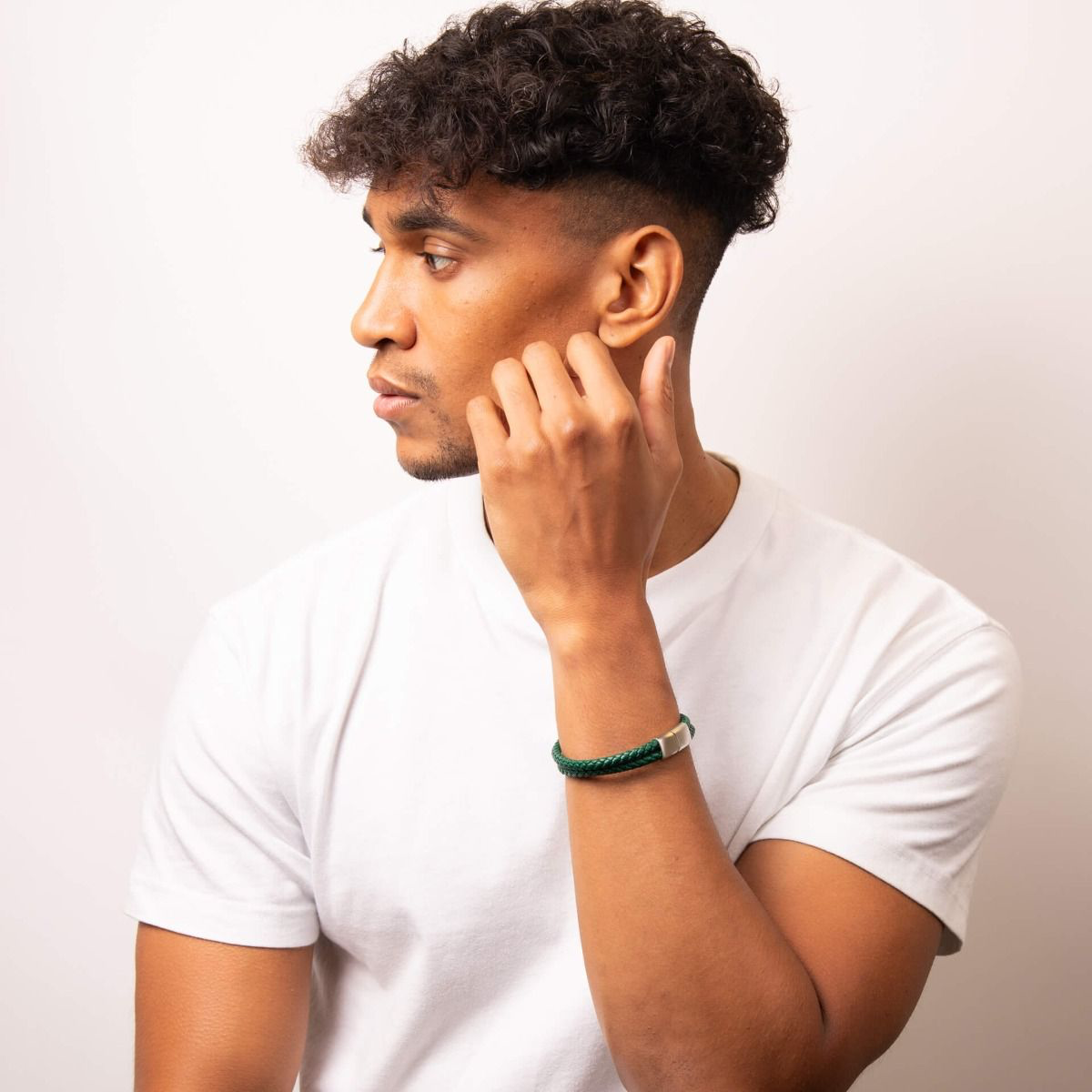 Model wears Forest Green Recycled Leather Double Row Bracelet With Stainless Steel Clasp