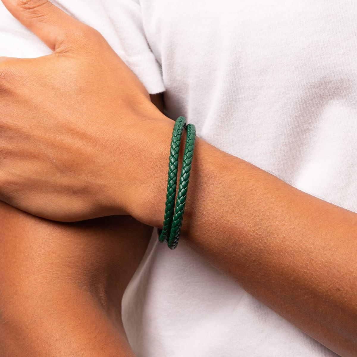 Model wears Forest Green Recycled Leather Double Row Bracelet With Stainless Steel Clasp