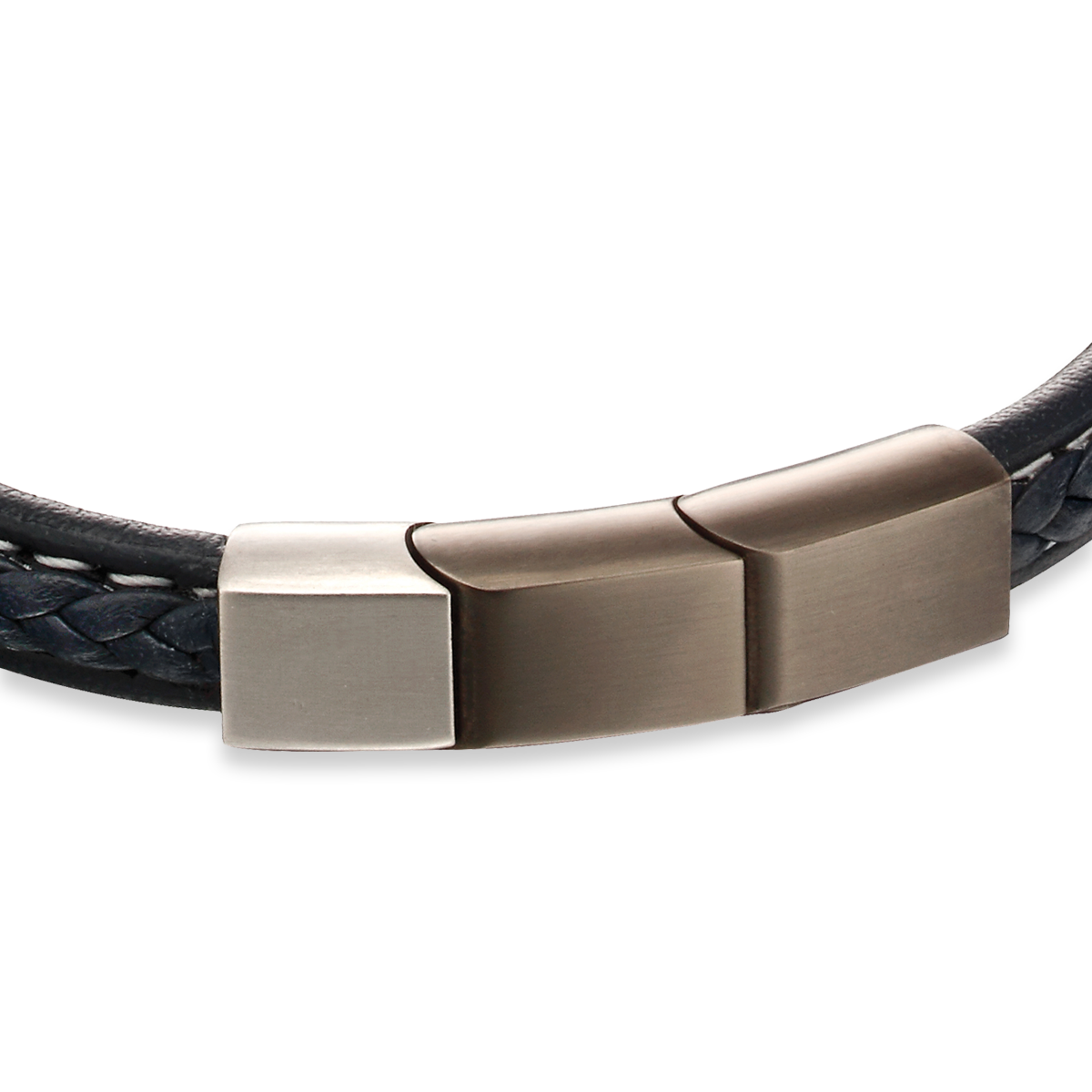 Plait Detail Navy Leather Bracelet With Mixed Brushed Finish