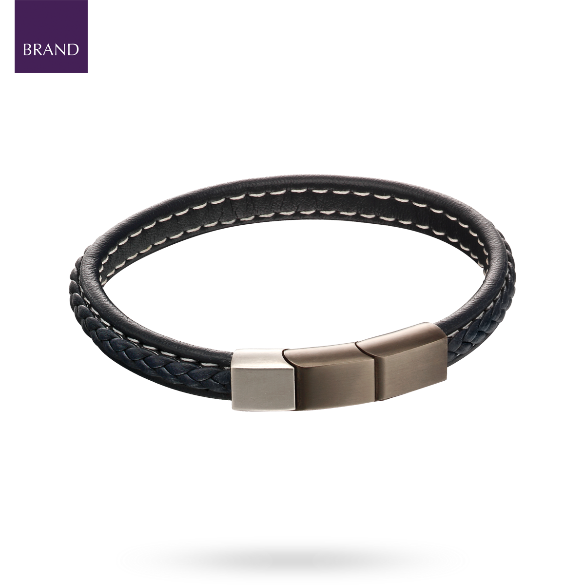 Plait Detail Navy Leather Bracelet With Mixed Brushed Finish