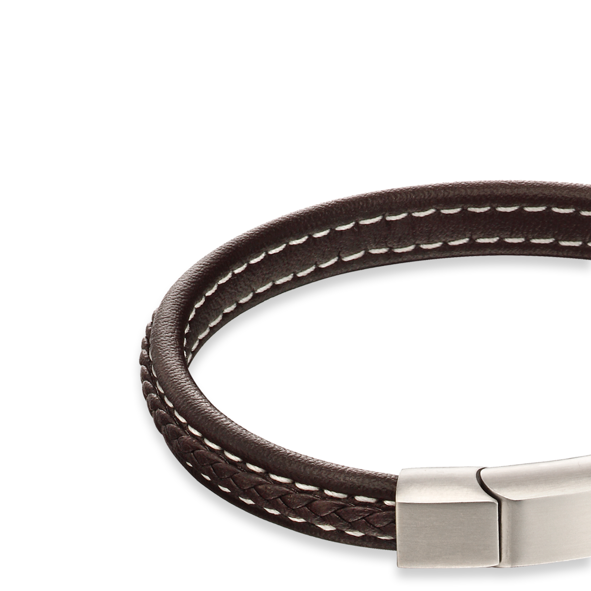 Plait Detail Brown Leather Bracelet With Brushed Finish