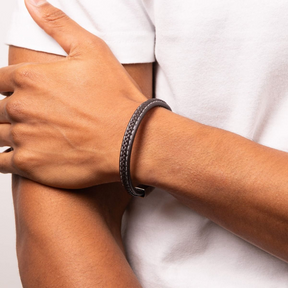 Model wears Plait Detail Brown Leather Bracelet With Brushed Finish